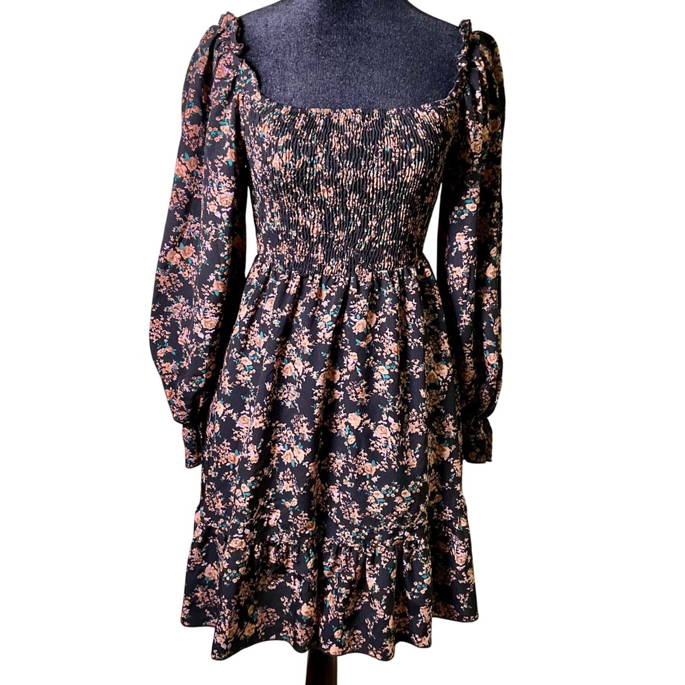 Black Ditsy Floral Smocked Puff Sleeve Mini Dress Sz S Cottagecore Boho Prairie